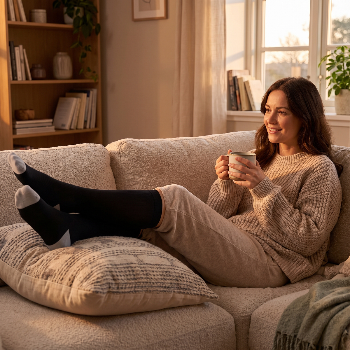 Femme détendue sur un canapé, jambes surélevées, avec des chaussettes Soksie