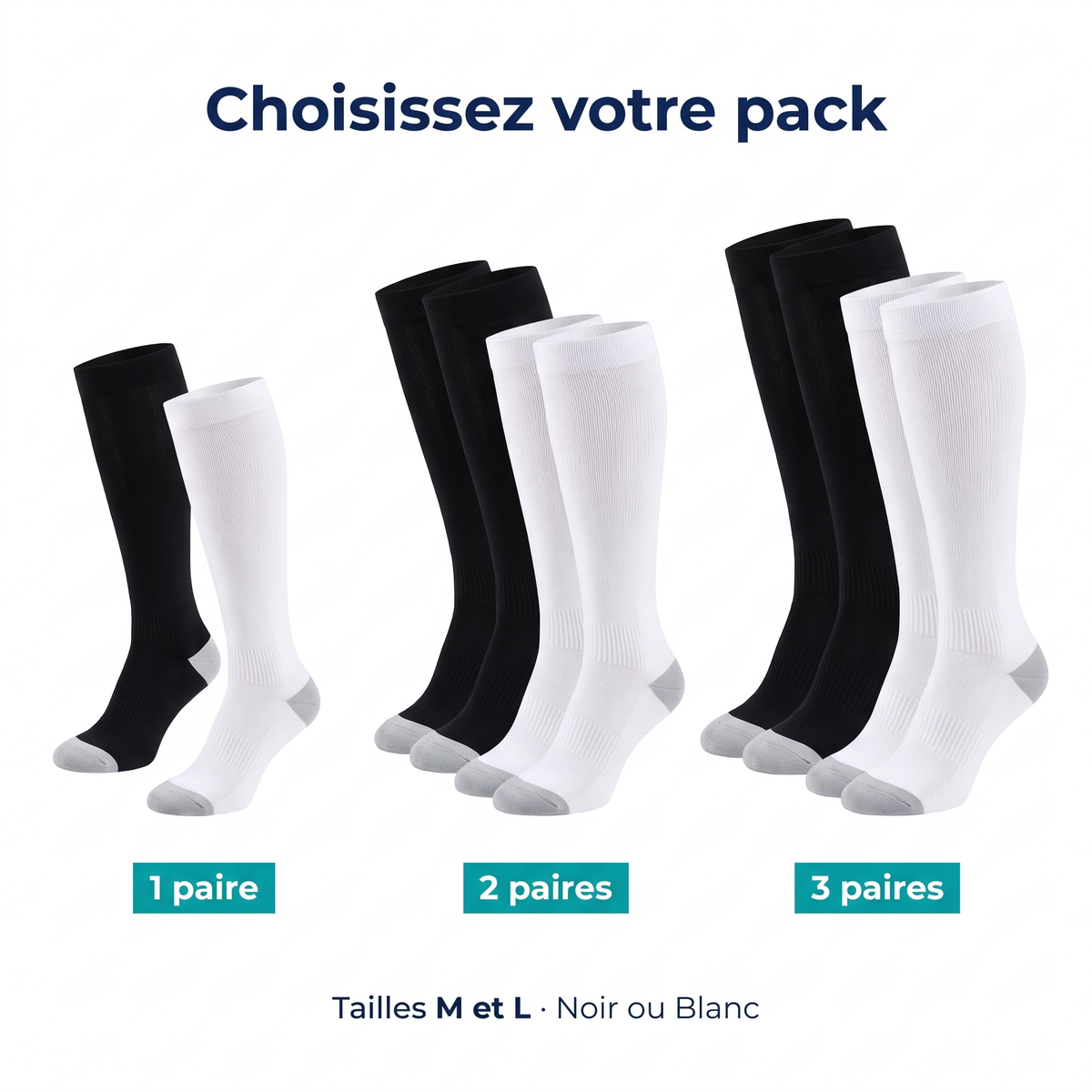 Packs Soksie : 1, 2 ou 3 paires, tailles M et L, noir ou blanc