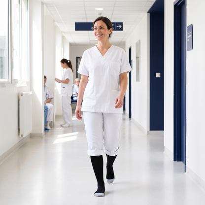 Infirmière marchant dans un couloir d'hôpital avec des chaussettes Soksie