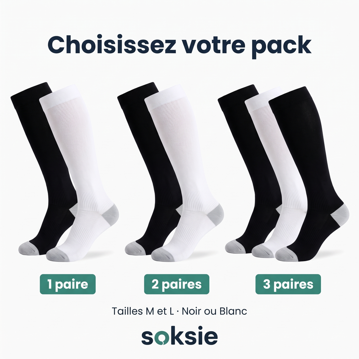 Packs Soksie : 1, 2 ou 3 paires, tailles M et L, noir ou blanc