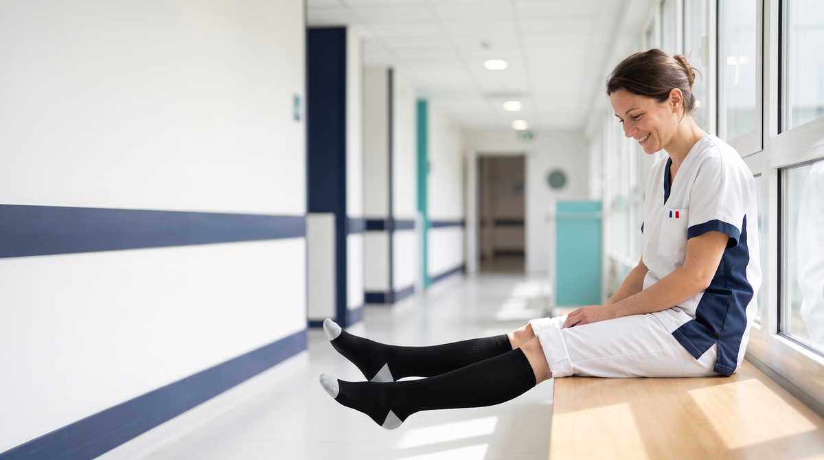 Soksie - infirmière portant des chaussettes de compression en bambou